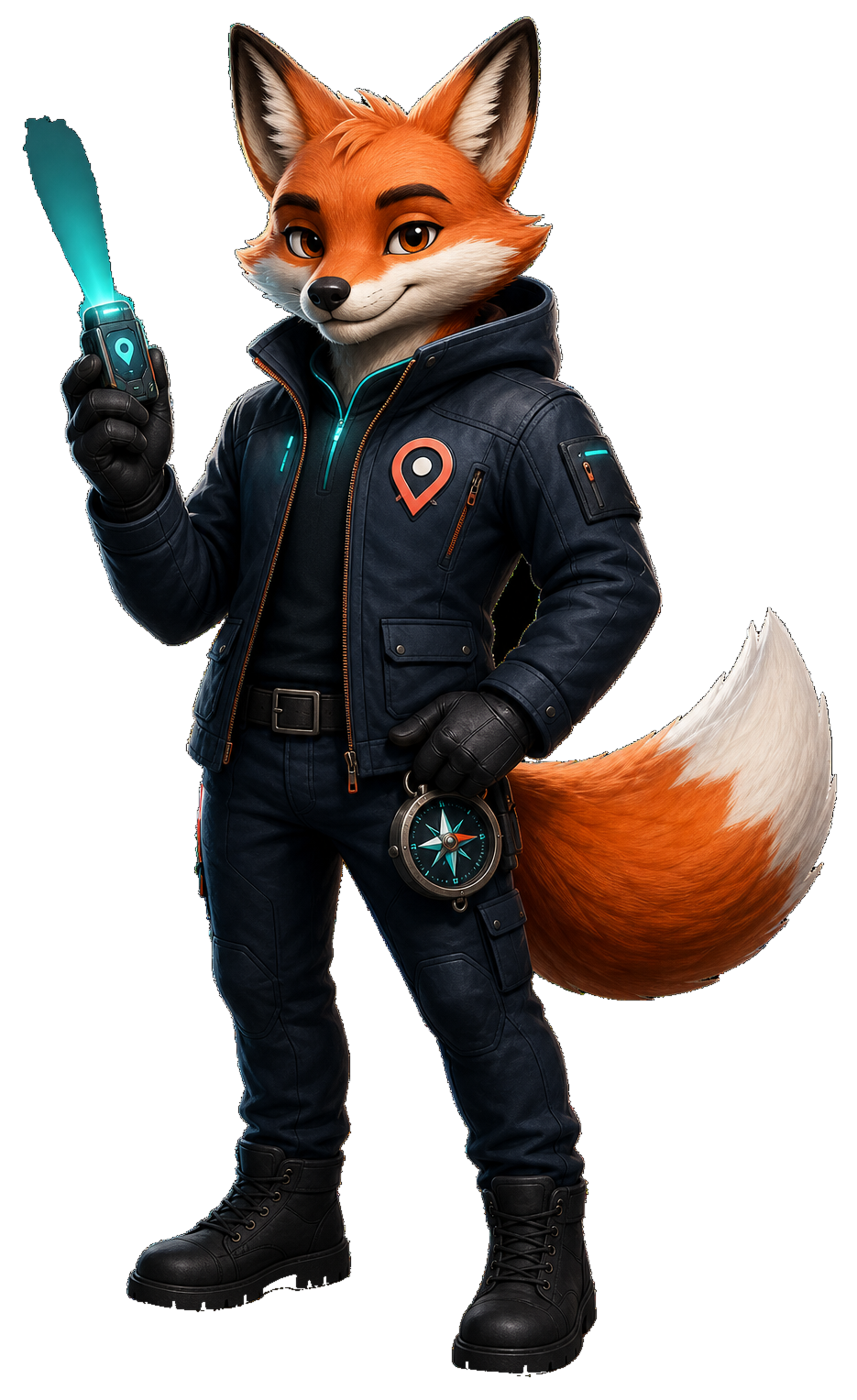 MindPoint fox strategist mascot holding a signal light and compass.