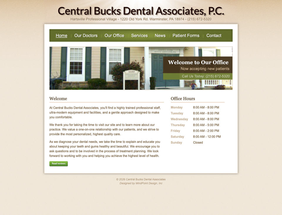 Screenshot of the Central Bucks Dental Associates website homepage.