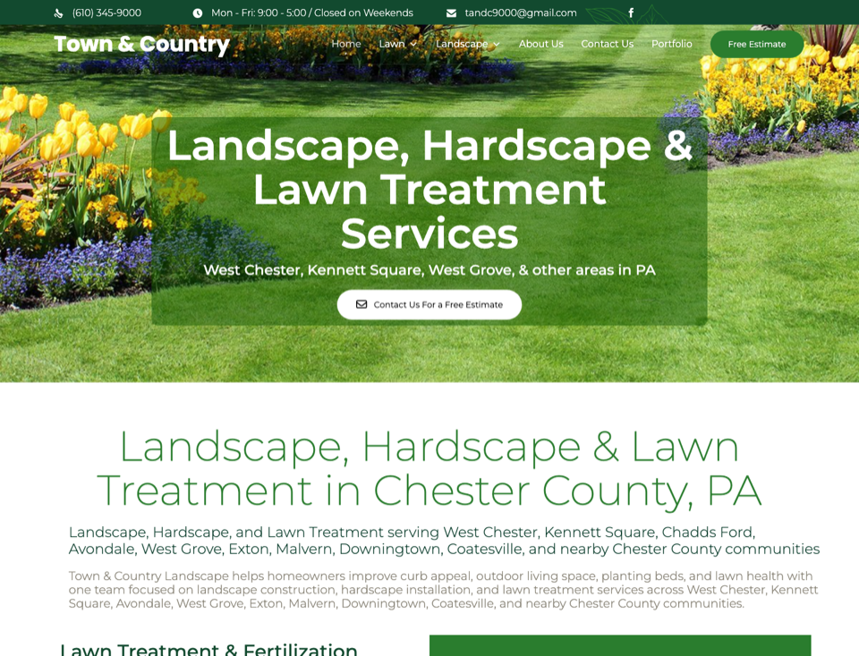 Screenshot of the Town and Country Landscape website homepage.